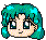 Pixelated anime-style avatar with teal-green hair and blue eyes, shown in multiple expressions against gray and solid blue backgrounds.