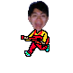 Pixelated character in yellow and red outfit holding red object, shown in four distinct poses with varying leg positions and facial expressions.
