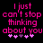 Pixelated pink text on black background reads "I just can't stop thinking about you" with five heart symbols below, two variations of the same design side-by-side.