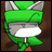 Pixelated green and gray cartoon character with blue eyes, white mouth area, and silver accents on a brown background.
