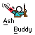 Pixel art character with white circular eyes, cyan shirt, brown pants holding a chainsaw and rifle against gray background.