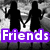 A grayscale image of four identical figures in black and white attire with raised hands, overlaid with purple text reading 'Friends Club' in pixelated font.