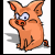 Pixelated cartoon pig with orange-brown fur, large blue eyes, and a small tail sitting against white background next to gray text "OINK" on black background.