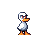 Pixel art duck with white body, orange beak and feet, gray head, and red eyes, shown in multiple side-facing poses against gray background.