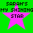 Green background with four identical pink star icons, each containing text reading "SARAH'S MY SHININGMY SHINING STAR" in black pixelated font.