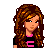 Pixel art buddy icon featuring a female skater character with long brown hair, pink and black clothing, holding a skateboard with visible text "I love skate boarding" on the board.