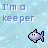 Animated pixel art contact sheet showing a purple fish and bubbles with text "I'm a keeper" on light blue water background across five frames.