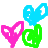 Animated sequence of heart-shaped icons in blue, pink, and green with overlaid text fragments reading "will," "he," "ever speak," or "do I have to.".