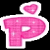 A pink pixelated letter P with a white outline and small heart shape above it on black background.