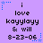 Pixelated text on a purple background with blue star accents, repeating 'i love kayylayy & will 8-23-06' in three across six identical