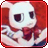 Pixelated static icon of a cartoon character with white face, dark eyes, red hair, and large red bow tie against red background.