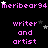 Pixelated text repeats 'meribear94' and 'writer and artist' across a black background with scattered stars.