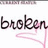 Pixelated black text reading 'broken' with a pink curved line beneath it on white background.