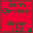 Red square icon with green text reading "Merry Christmas" and "Megan 433", featuring a small pixelated tree on the right side.