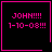 Four identical black squares with pink borders display 'JOHN!!! 1-10-08!!!' text, each containing a unique small symbol in the bottom-right corner.