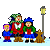 Pixel art contact sheet showing two frames of a Christmas-themed animated buddy icon with three characters and text on the right side.