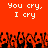 Red background with white pixelated text repeating 'You cry, I cry' and a of pixelated figures with raised arms