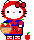 Pixel art Hello Kitty avatar with red hair bow, blue shirt, red dress, and checkered socks holding a basket of red apples with green stems.