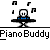 Pixel art of a character with white face and blue shirt playing piano, surrounded by musical notes on gray background.