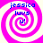 Four identical spiral patterns with pink and white stripes, each containing blue text reading "jessica luvs u!" in a pixelated font.