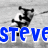 Animated sequence showing a black and white cartoon character with a white helmet and black body, repeated across a gray background, with blue text reading "steve" below.