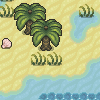 Pixel art scene with two palm trees on sandy beach, blue water, and scattered vegetation.
