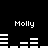 Black background with white pixelated text 'Molly' repeated four times and two of horizontal bar graphs showing fluctuating levels