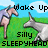 Pixelated image of two donkeys in a grassy field under a blue sky, with text reading "Wake Up" and "Silly SLEEPYHEAD".