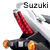 A 2x2 contact sheet of a Suzuki motorcycle animation frame sequence showing rear lights and turn signals with visible text overlays.