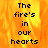 A pixelated text-based image with the phrase "The fire's in our hearts" displayed over a fiery orange-yellow background, split into four quadrants.
