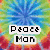 Pixelated icon with rainbow tie-dye background and two lines of blocky text reading "Peace Mon" in black on white rectangles.