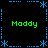 Pixel art with four 'Maddy' labels in green text, blue dashed lines forming a cross, and blue asterisk-like symbols at corners and intersections on black background