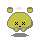 Pixelated green character with X eyes and black mouth, showing animation changes in facial blush, floating cloud, and blue fish prop.