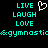 Pixelated cyan text on black background with white heart symbol, displaying 'LIVE', 'LAUGH', 'LOVE' in two and '&gymnastic&gymnast' at bottom