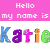 Pixelated text displays 'Hello my name is' above a repeating colorful name pattern on pink and white backgrounds.