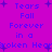 Pixelated text on a purple background with blue stars, displaying repeated phrases about tears falling in broken hearts.