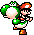 Pixel art of two characters in green and white outfits with red hats, standing side-by-side against a gray background.