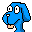 Pixel art contact sheet showing two frames of a blue cartoon dog with large eyes and orange paws, displayed side-by-side on gray background.