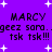Purple background with white starbursts and repeated text 'MARCY geez sara. tsk tsk!!!' in pixelated font.