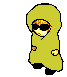 Pixel art character in yellow hooded cloak with black sunglasses, blue pants, and yellow bow tie, shown in multiple poses with yellow crescent shapes.