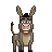 Pixel art depiction of a donkey with brown and tan coloring, wearing a black hat and orange collar, standing against a solid gray background.