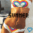 A pixelated image of a person in a bikini top with rainbow accessories, showing text changes from 'SUMMER' to 'LOVE'.