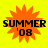 Four identical pixelated icons on a bright yellow background, each featuring an orange starburst shape with black text reading 'SUMMER' above ''08'.