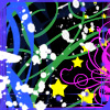 A static 100x100 pixel buddy icon featuring a chaotic abstract composition of swirling lines, stars, and cloud-like shapes against a dark background with vibrant neon colors.
