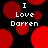 Black background with red circles and white text reading "I Love Darren" in pixelated font.