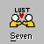 Six pixel-art icons arranged in a , each labeled with a sin name and 'Seven' text, depicting characters in yellow or gray clothing with various props and symbols
