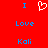 Red background with blue text and white heart symbol arranged in three