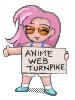 Pixelated character with pink hair and sunglasses holds a sign reading "ANIME WEB TURNPIKE" while changing hand gestures between frames.