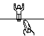 Pixelated animation shows a figure standing on a horizontal line with arms raised, interacting with another figure below who bends forward and emits particles.