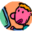 Animated sequence showing a cartoon character with pink skin and blonde hair interacting with a computer monitor displaying an @ symbol.